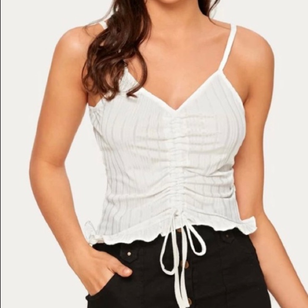 ❤️ White Deep V Neck Ruched Front W/Drawstring Ruffle Hem Rib Knit Tank Top - Picture 2 of 3